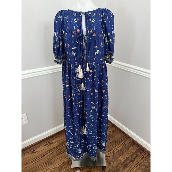 NATALIE MARTIN Haley Silk Short Sleeve Tassel Maxi Dress Blue Printed Size XS - Picture 3 of 6